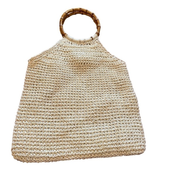 Faded Glory Boho Minimal Crochet Tote Purse with Wood Bamboo Handles & Flowers - Picture 4 of 8